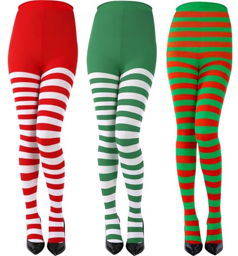 CHONGQILAO 3 Pares Medias de Rayas Rojas Verdes Blanco, Medias Elfo Mujer, Disfraz Leotardos Rayas Mujer, Medias de Elfo, Accesorios para Disfraz de Mascarada, Navidad, Carnaval