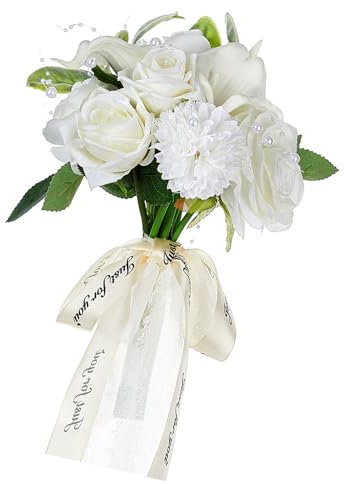 Yooghuge Brautstrauß Aus Seidigem Stoff Weißer Seidenrosen Und Calla Lilien Blumenstrauß Schmuck Zum Verschenken Und Dekorieren