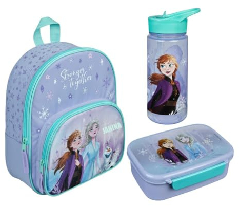 Kindergartenrucksack Disney Frozen Mädchen mit Brotzeitdose Trinkflasche - Personalisiert mit Name - Set Kinderrucksack mit Brotdose Trinkbecher