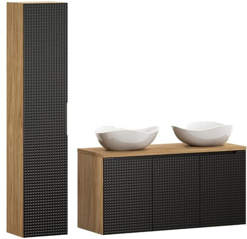 Lomadox Badmöbel Set 2-teilig mit 120 cm Waschtisch in Eiche mit schwarz, grifflose 3D-Front, Keramik-Aufsatzwaschbecken