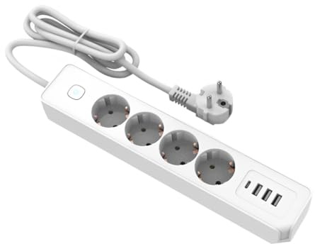 Regleta Enchufes 4 Tomas, 3 USB Y 1 Tipo-C, Enchufe Múltiple de 2 Metros con Protección Infantil, Enchufes con Interruptor On/Off, Enchufe de Mesa para Casa o Oficina, Blanco