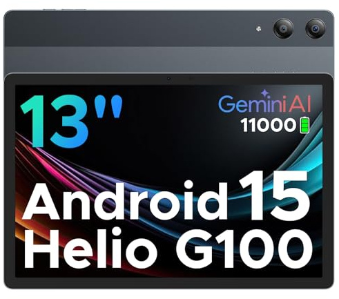 Tab E3 Pro 13 Inch Tablet, 32GB+256GB/2TB Storage, Helio G100 Octa-Core Android 15 Tablets, 11000mAh Battery, 8+13MP Cameras, 5G WiFi, SIM Card Slot, 3.5mm Jack, Gray