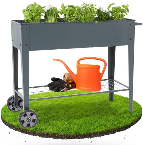 Arebos Hochbeet mit Rädern und Ablage 108 x 51 x 80 cm | Frühbeet Kräuterbeet Blumenkasten Garten Terassen Gemüsebeet Gartenbeet Blumenkübel für Balkon | ideal für den Anbau von Gemüse Obst Kräutern