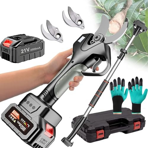 menglanchang Electric Secateurs&Cordless Pruning Shears 50mm,21v Brushless 2 Battery Lcd Display Screen Garden Tools,2.1m Long-Reach Electric Pruners-3” Diameter Cutting,Ergonomic Design,Silver