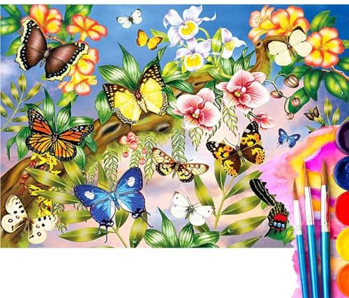 Malen Nach Zahlen Erwachsene Schmetterling,Blume Malen Nach Zahlen DIY set Handgemalt Ölgemälde,Mit Pinseln und Acrylfarbe,Bastelset Erwachsene Frauen für Geschenke und Home Wand Dekor 60x90cm N48