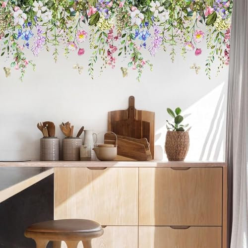 Wandtattoo Grüne Gras Blumen, Wandaufkleber Garten Blumen Blumenwiese Schmetterlinge Wandsticker, DIY Abnehmbar Wandkunst, Wandsticker Wohnzimmer Schlafzimmer Küche Wanddek (Grün,5 pcs)