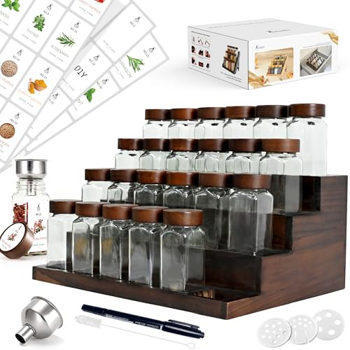 Square Spice Containers Set: Set of 24 x 120 ml Glass Seasoning Jars with Spice Rack; Spice Jars with Lids and Labels; Kitchen Countertop Organiser; Kitchen Cupboard Organiser Storage Rack with Jars