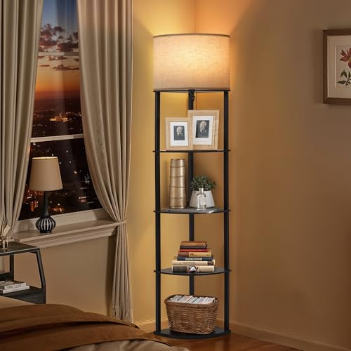 INMOZATA Floor Lamp with Shelves, 4 Layers Dimmable Standing Lamp with Linen Lampshade, Wooden Corner Floor Lamps for Living Room Bedroom Office, Included E27 Bulb