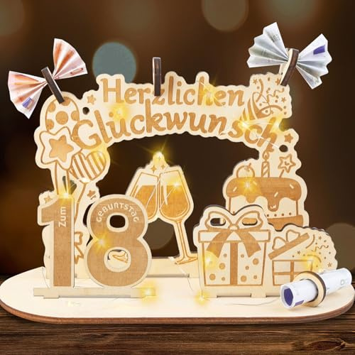 18 Geburtstag Geschenk Mädchen Jungen, Geldgeschenke Holz mit LED Lichterkette, Holzschild Gästebuch 18 Geburtstag Geschenk
