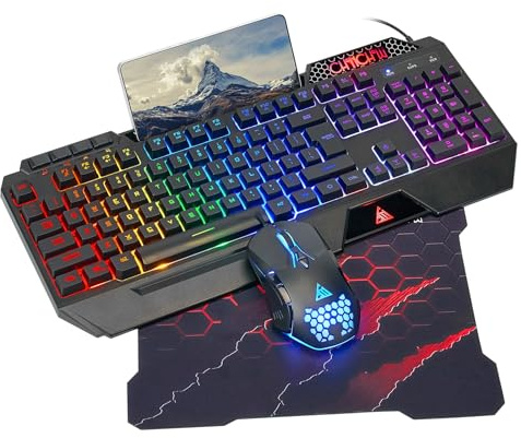 CHONCHOW Ensemble clavier et souris de jeu, filaire USB, rétroéclairé RVB, anti-ghosting, clavier silencieux avec repose-poignet ergonomique et support de téléphone, souris de jeu 7D 7200DPI pour PC