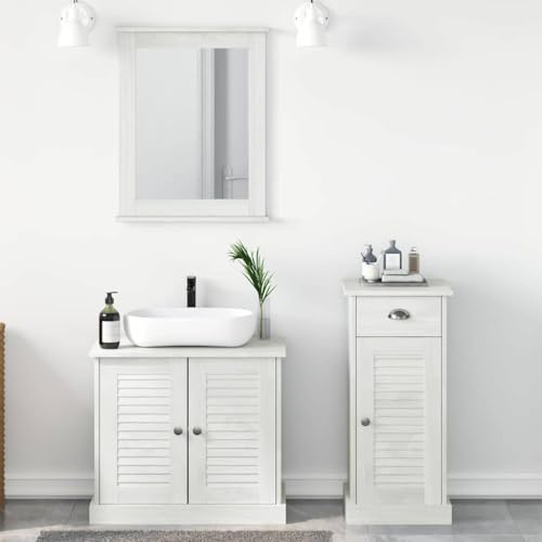 IKAYAA Conjunto Muebles de Baño con Espejo, Columna de Baño de 3 Piezas Estilo Rústico Blanco Antiguo