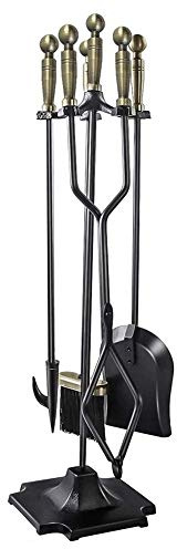 Fireplace Tool Set,Wrought Iron Fireplace Tools Set 5 Pieces Fire Pit Kit with Brush Poker Shovel Tongs and Holder Fireplace Tool Stand with Pedestal Base 32 Inch High