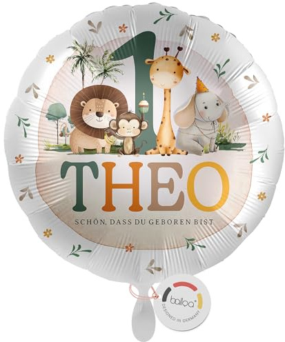 balloa Personalisierter Folienballon mit Namen, Geschenk zum 1. Geburtstag, Safari Tiere Namensballon mit Wunschtext, Helium geeignet Luftballon, Partydeko Kindergeburtstag Junge Mädchen, 33cm