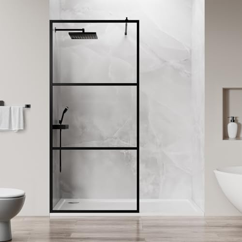 LARWORKS Walk in Shower Door, 40 W x 75 H Fixed Shower Glass Panel, 1/5(5mm) Tempered Glass Shower Screen for Bathroom, 3 Glass Panels & Adjustable Support Bars - Matte Black