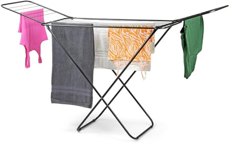 Livhome Black 18m Winged Folding Clothes Airer, Heavy Duty Laundry Dryer Stand, Foldable Clothes Drying Rack with 22 Bars, Compact Indoor & Outdoor Washing Dryer Rack, Space-Saving Wardrobe Storage