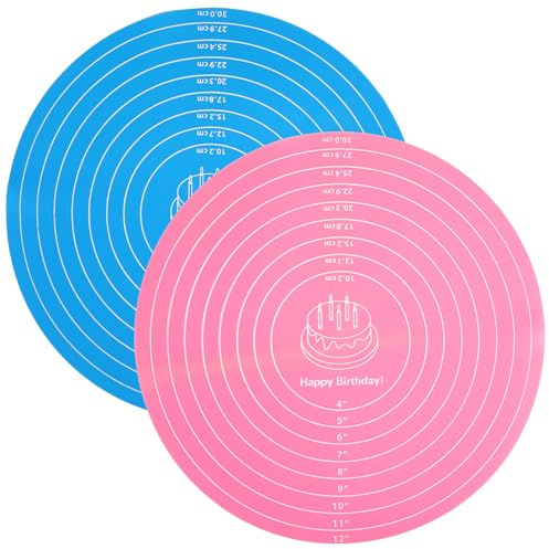 Sorcristy 2 PCS 12 Inch Silicone Cake Mat Round Silicone Baking Mat with Measurements Non-Stick Heat Resistant Cake Turntable Cookie Pad for Pastry Dough and Baking (Pink and Blue)