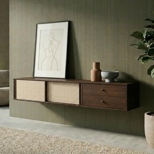 Lowboard SIMONA 175 cm hängend aus Massivholz, Nussbaum Finish - TV Hägekonsole mit 2 Schiebetüren und Rattan, Wohnzimmermöbel mit großzügigem Stauraum, Wandmontage Sideboard im Mid Century Style