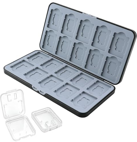 1 funda para tarjetas de memoria, soporte para tarjetas, portátil, negro, compatible con 20 ranuras para tarjetas SD y 20 ranuras para tarjetas micro SD