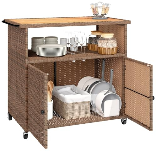 Outsunny Servierwagen Rattan Ablagefach Rollen Seitengriff 95 x 54 x 84 cm