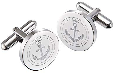 Gravado Runde Manschettenknöpfe aus Edelstahl mit Anker Gravur und Personalisiert mit Initialen, Inkl. Geschenkbox, Herren Schmuck