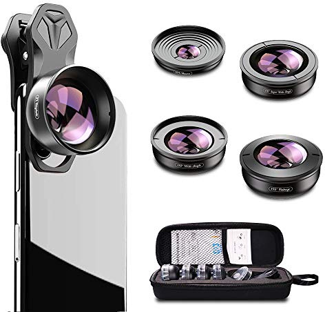 Apexel Kit d'objectifs HD pour téléphone incluant Super Grand Angle fisheye de 170°, Objectif Macro 10X, Grand Angle de 110°, téléobjectif Zoom 2X, fisheye 195° pour Phone