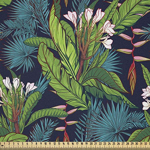 ABAKUHAUS Blatt Stoff als Meterware, Tropisches Dschungel-Muster, Seidiger Satin Stoff Zum benähen von Heimtextilien, 2M (148x200cm),Kadett Blau Grün