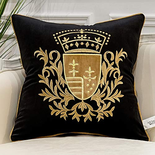 Avigers 20 x 20 Inch Embroidery Velvet Cushion Cover Shield Luxury European Pillow Case Pillowcase Home Decorative for Sofa Chair Bedroom Throw Pillow, Black