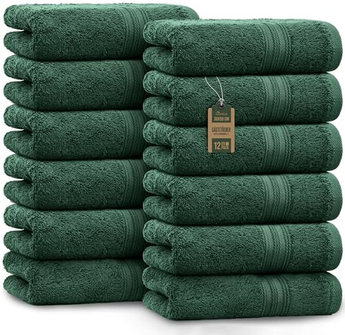 NatureMark Serviettes d'invité – Lot de 12 (30x50 cm), 100% Coton, Certification Oeko-Tex, Douces, absorbantes et faciles d'entretien – pour Salle de Bain, invités et Spa – Couleur Vert foncé