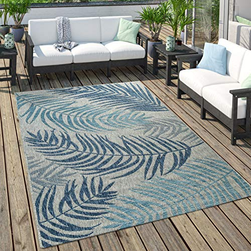 Paco Home Outdoor Teppich Für Terrasse Und Balkon Pastell Palmen Design, Grösse:160x220 cm, Farbe:Blau