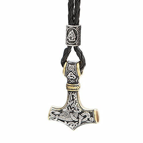 YCYR Men Braided Leather Necklace Jewelry, Norse Mythology Viking Thor's Hammer Beard Beads Rune Alphabet Talisman Pendant with 28 Inch Chain,Mixed Gold,80CM 32IN