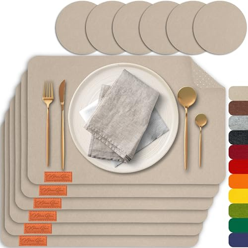 MAHEWA® 6er Set Premium Tischset Platzset aus Filz rutschfest Ab-waschbar und Waschmaschinenfest Eckige Platzdeckchen (Beige, 6er Set)