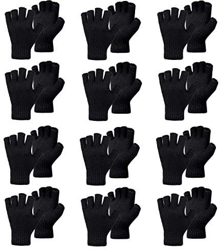 12 Pairs Black Mens Boys Girls Women Warm Half Finger Fingerless Gloves