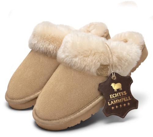 Rohn Moden Lammfell Hausschuhe Damen– Talea – Warme Hausschuhe Damen mit Schaffell & rutschfester EVA-Sohle – Winter Pantoffeln für zuhause – Slipper gefüttert - Braun Rose Grau