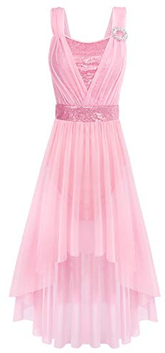 Ballettkleidung Damen Tanzkleid Ärmellos Glitzer Pailletten Tüll Ballett Trikot Ballettanzug Gymnastikanzug Turnanzug Elegant High Low Tüllkleid Ballettkleid Salsa Ballerina Dancewear Rosa M