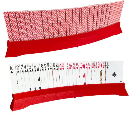 2 Pz Portacarte da Gioco, Reggi Carte Pieghevole, Titolari di Carte da Gioco Free Standing a Forma di Ventaglio Giocattoli da Esterno con Porta Accessori Plastica per Bambini, Anziani, Disabili, Rosso