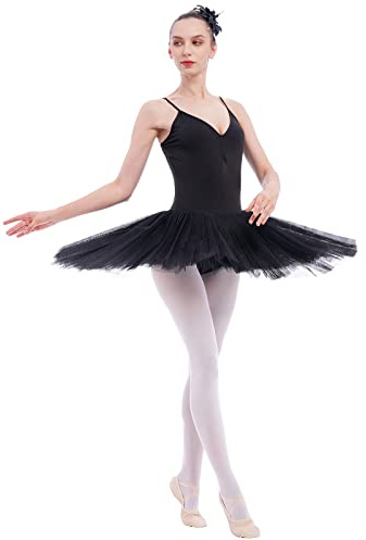 Damen Professionelles Ballett Tutu Erwachsene Ballettkleid Schwan Tanzkleid Schwanensee Tanz Kost?m Ballettkleidung Klassische Ballerina Prinzessin Pfannkuchen Tr?gerkleid B?hnenkleidung Scwharz M