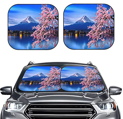 Auto Sonnenschutz Auto Zubehör Sonnenschutz 2-teilig 74x60cm mit Aufbewahrungstasche Sonnenschutz Auto Frontscheibe Faltbar Rosa Motiv Kirschblüten Mount Fuji-Tempel Auto Scheibenabdeckung Sommer
