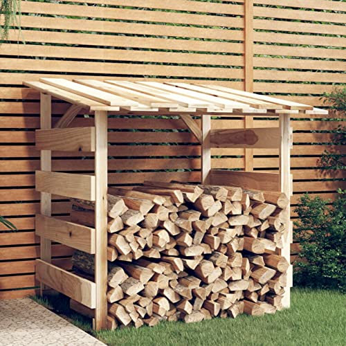 MOONAIRY Pergola con techo, estantería para leña exterior, leña exterior, refugio de madera, ayuda para apilar madera, 100 x 90 x 100 cm, madera de pino impregnada