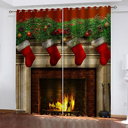 Cortinas Salon Modernas 2 Piezas Opacas 3D Calcetín Navideño Decoración De Rama De Pino Termicas Aislantes 117X137Cm Cortinas Para Ventanas