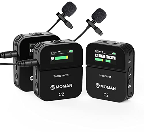 Moman Ansteckmikrofon Kabellos, C2X 2,4 GHz Lavalier Mikrofon Wireless System bis zu 100m für DSLR Kamera Camcorder Canon Sony Nikon Smartphone Laptop