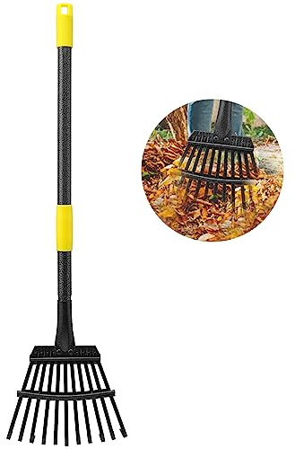 Oliynedy Leaf Rake for Gardening, Adjustable Metal Garden Rake for Leaves Long Handle 30-60, 11 Tines 9 Wide Small Lawn Collapsible Yard Adult Kids Rake for Camping Flower Beds Mulch Shrub