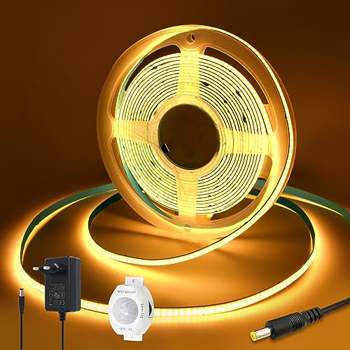 Yamlten 12V COB LED Streifen 3000k Warmweiss,LED Strip mit Bewegungsmelder,Netzadapter,320 LEDs/M für Gesellschaftsraum，Schrank,Schlafzimmer DIY LED Band 2m.