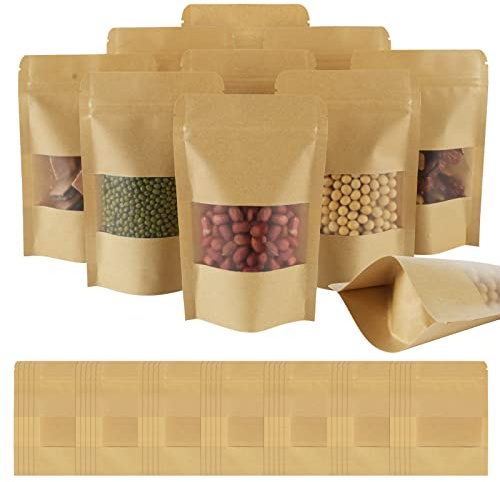 AUAUY 55pcs Papiertüten mit Fenster, Imprägniern Kraftpapiertüten, Standbodenbeutel Mit Sichtfenster, Kraftpapierbeutel, Standbeutel aus Kraftpapier für Nüsse Kaffeebohnen Teeblätter Gewürze (9*14cm)