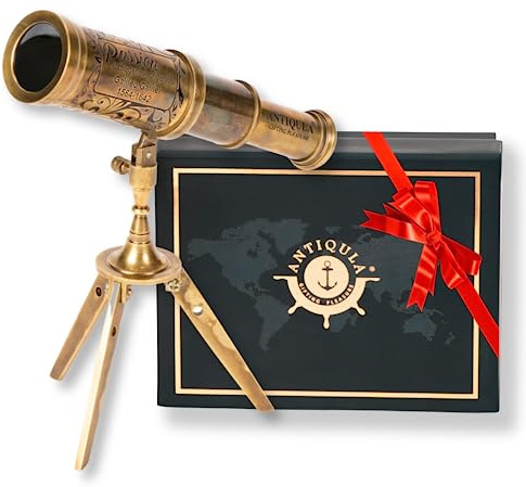 Antiqula Vintage Brass Decor Telescope on Tripod, Antique Pirate Spyglass with Gift Box, Monocular Nautical Handheld Telescope Ideal for Home Decor, Gifting, Traveling, Kids, Bookshelf & Office Desk
