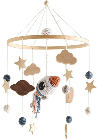 Baby Mobile Babybett, Mobile Wickeltisch, Mobile Baby Holz Windspiel, Baby Windspiel f¨¹r Kinderzimmer Deko, Neugeborenen Geschenk f¨¹r Baby Jungen M?dchen (Rakete)