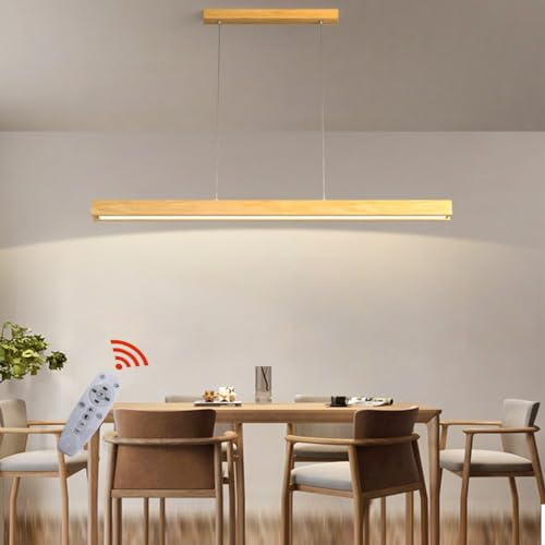 Pendelleuchte Holz Esstisch Esszimmer Lampen LED Hängelampe Dimmbar Hängeleuchte Wohnzimmer Küche Büro Hängend Leuchte Moderne linear Kronleuchter mit Fernbedienung Pendant Lampe (L120cm)