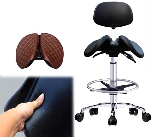 TUJOBA Sattelhocker Dentalbüro Rolling Chair mit Kissenpad, Im Rückenlehre Ergonomische Sattelhocker Verstellbare Höhe, Schwarzmassagestuhl mit Geteiltem Sitz Im Sitz (Size : 48-63cm (18.9-24.8in))