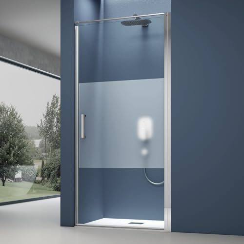 doporro Nischentür Duschtür 100x195cm Duschkabine 8mm ESG-Sicherheitsglas | Milchglas-Streifen mit Nano-Beschichtung | mit Hebe- und Senkmechanismus | Aluminiumrahmen in Chrom | Teramo36K