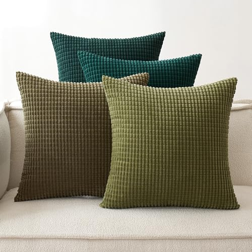 EMEMA Kordsamt Kissenbezug 45x45 Dekokissen Grün Serie Granulat 4er Set | Sofakissen Dekorative Kissenbezüge Couchkissen Kissenhülle Weich Kissen Bezug Zierkissen für Sofa Couch Wohnzimmer