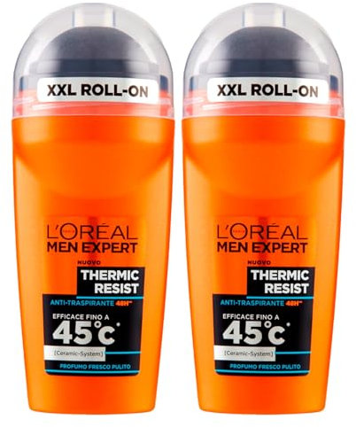 L'Oréal Paris Men Expert Thermic Resist Deodorante Roll-On Anti-Traspirante Protezione 48h Tecnologia Ceramic System Contro Cattivi Odori con Testina XXL - 2 Flaconi da 50ml